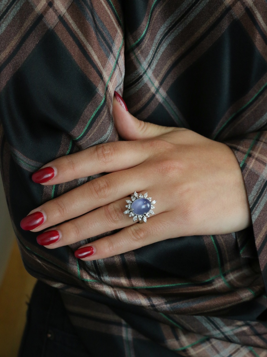 Bague marguerite diamants cabochon de saphir étoilé Ceylan 12,34 carats-photo-5