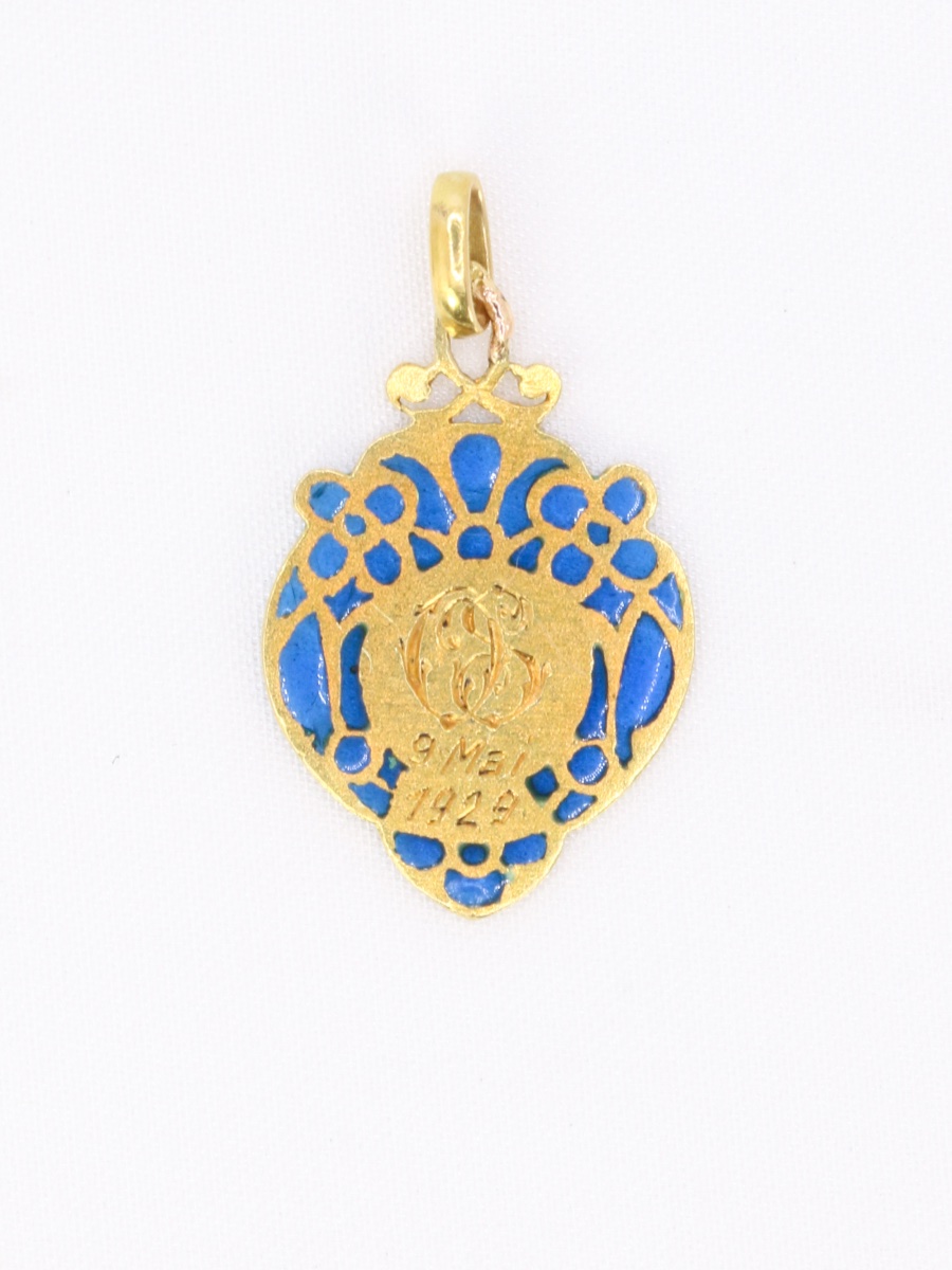 Médaille religieuse Art nouveau émail plique à jour bleu-photo-3