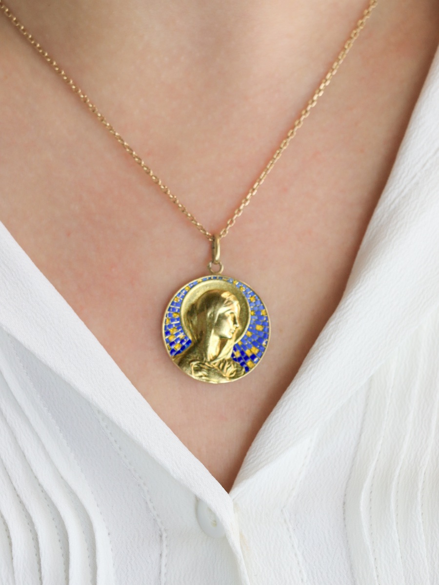 Vernon Art Nouveau Medal Virgin Yellow Gold Enamel-photo-2
