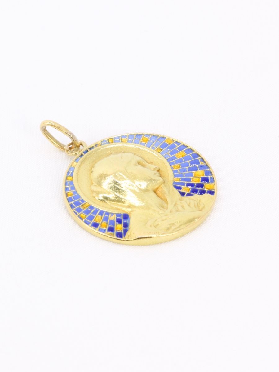 Vernon Art Nouveau Medal Virgin Yellow Gold Enamel-photo-4