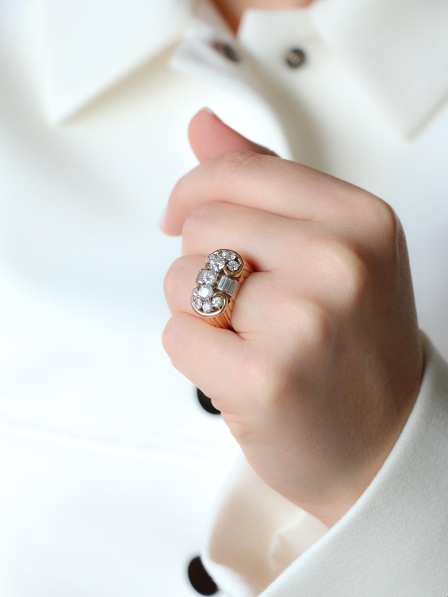Vintage Gadrooned Yellow Gold Diamond Ring-photo-2