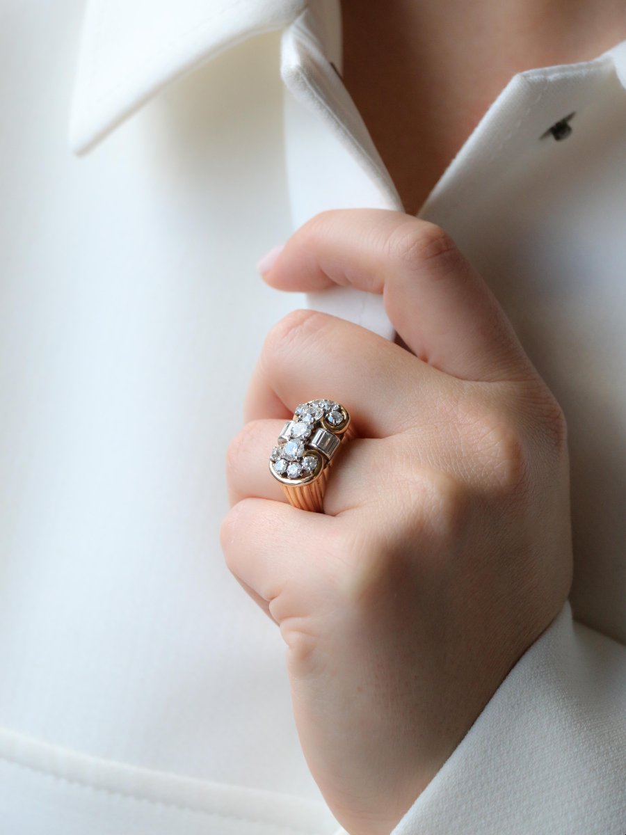 Bague godrons vintage or jaune diamants-photo-6
