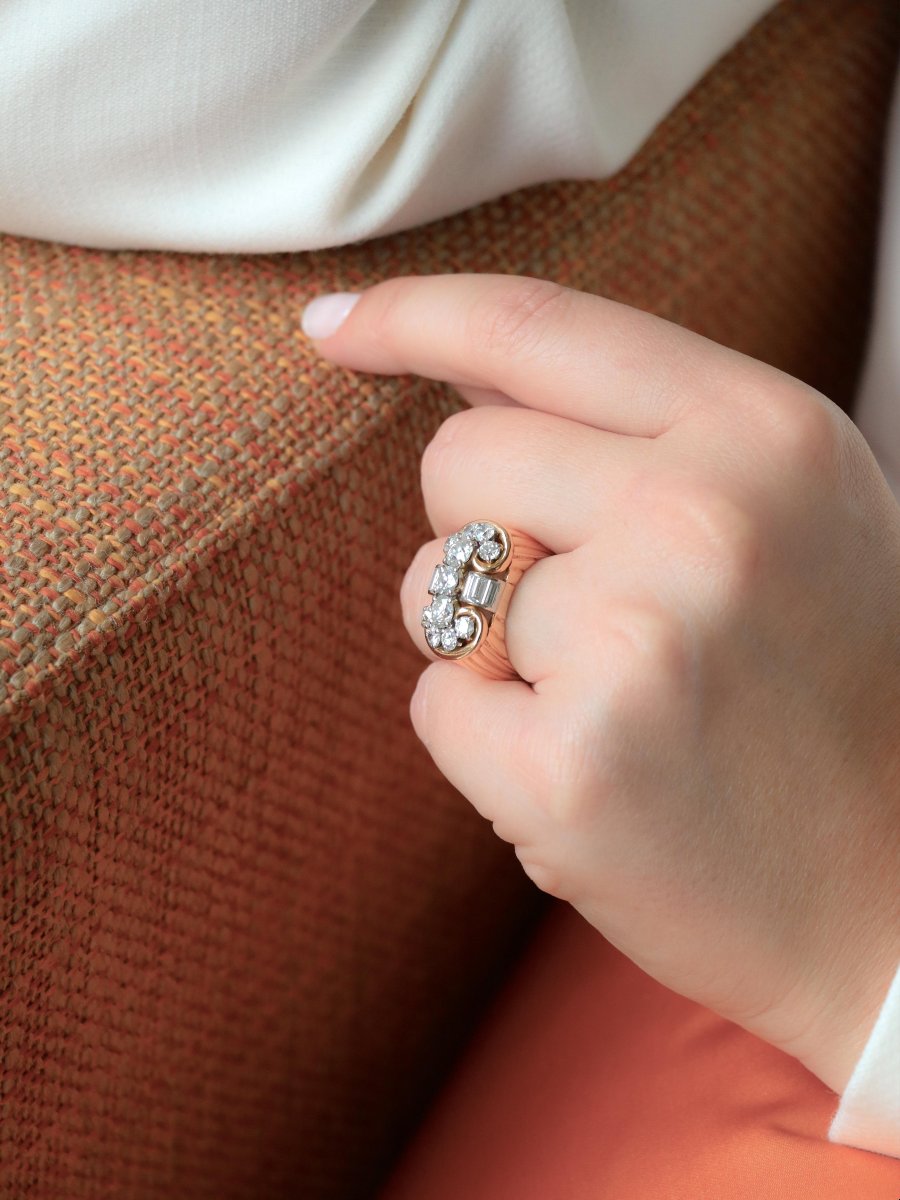 Bague godrons vintage or jaune diamants-photo-7