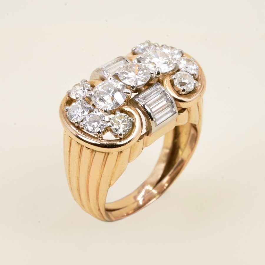 Bague godrons vintage or jaune diamants