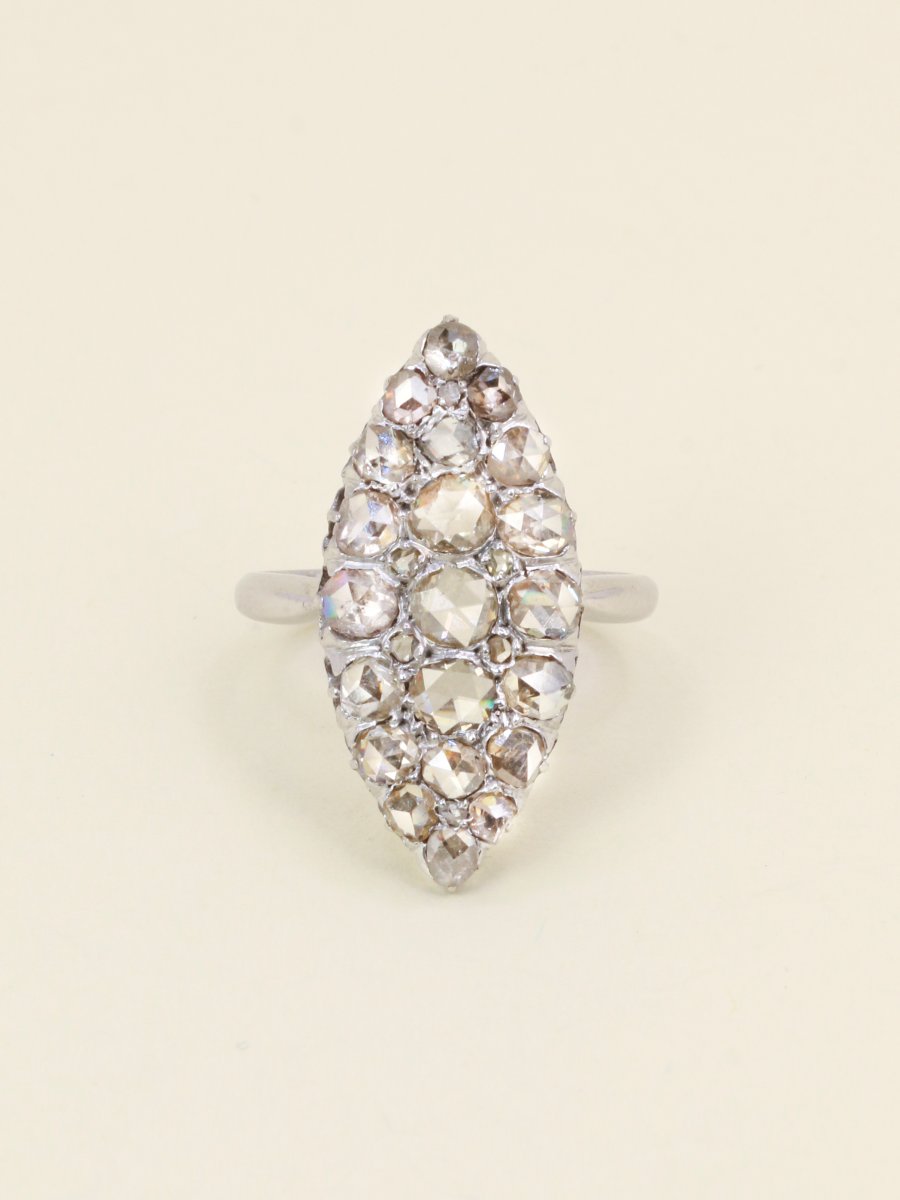 Bague marquise or blanc diamants taille rose-photo-3