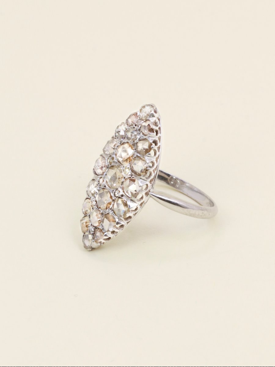 Bague marquise or blanc diamants taille rose-photo-4