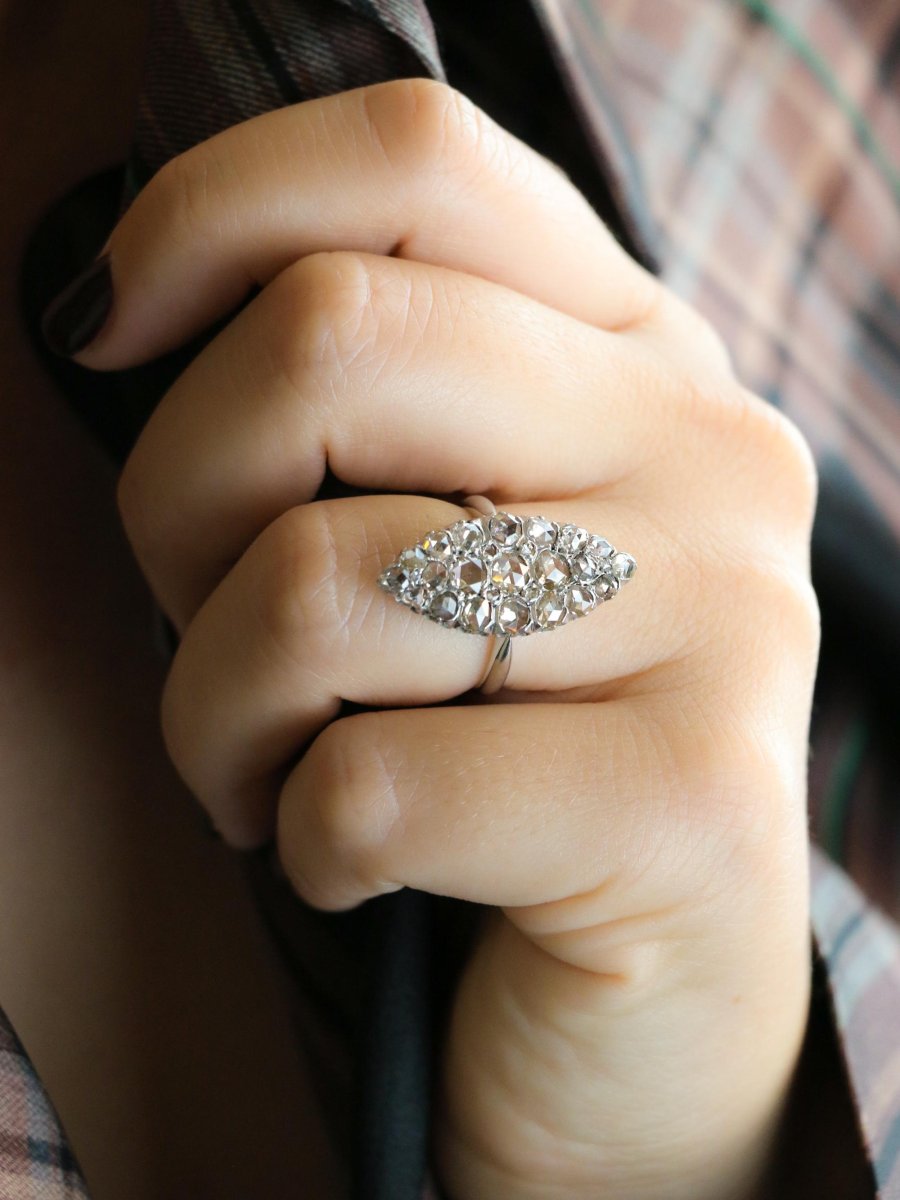 Bague marquise or blanc diamants taille rose-photo-5