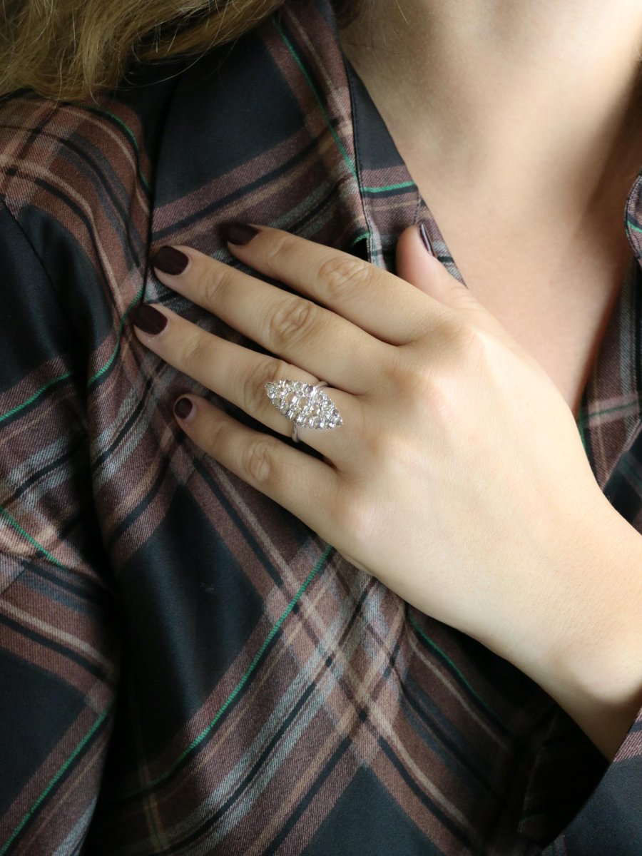 Bague marquise or blanc diamants taille rose-photo-6