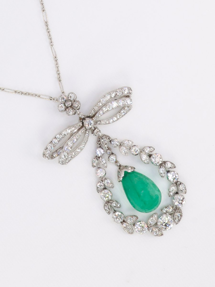 Edwardian Emerald And Diamond Bow Necklace-photo-4