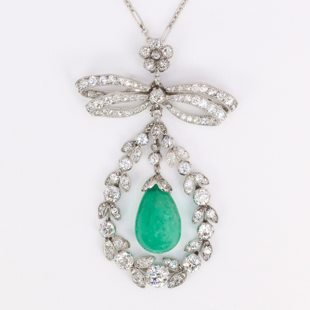 Edwardian Emerald And Diamond Bow Necklace