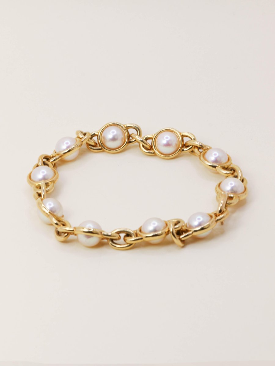 Vintage Yellow Gold Akoya Pearl Chain Bracelet-photo-3