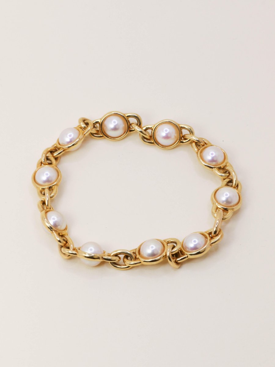Vintage Yellow Gold Akoya Pearl Chain Bracelet-photo-4