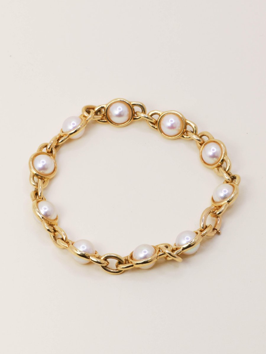 Vintage Yellow Gold Akoya Pearl Chain Bracelet-photo-1