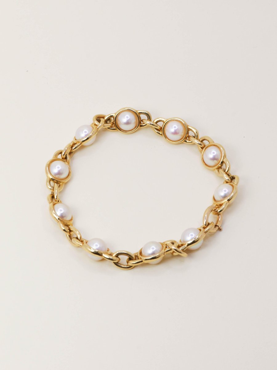 Vintage Yellow Gold Akoya Pearl Chain Bracelet-photo-2
