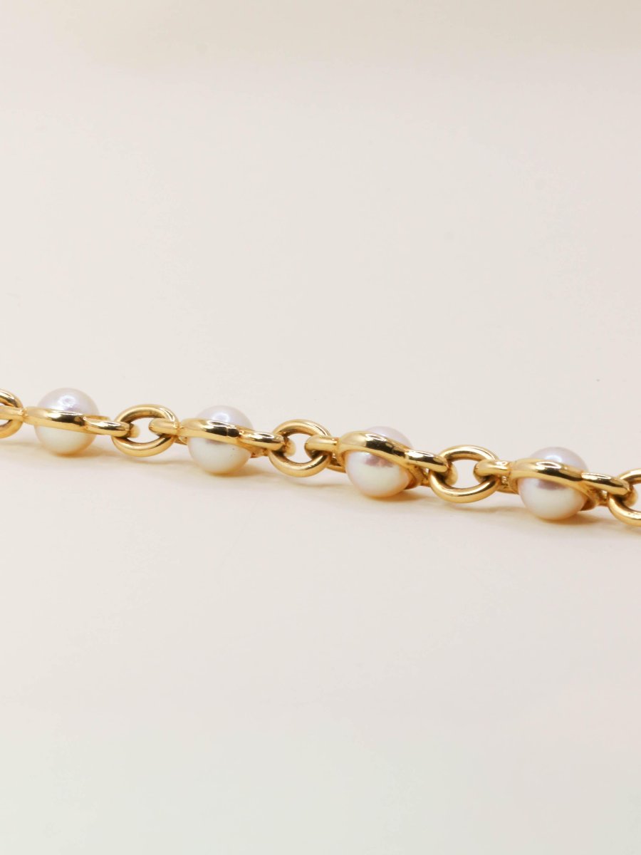 Vintage Yellow Gold Akoya Pearl Chain Bracelet-photo-4