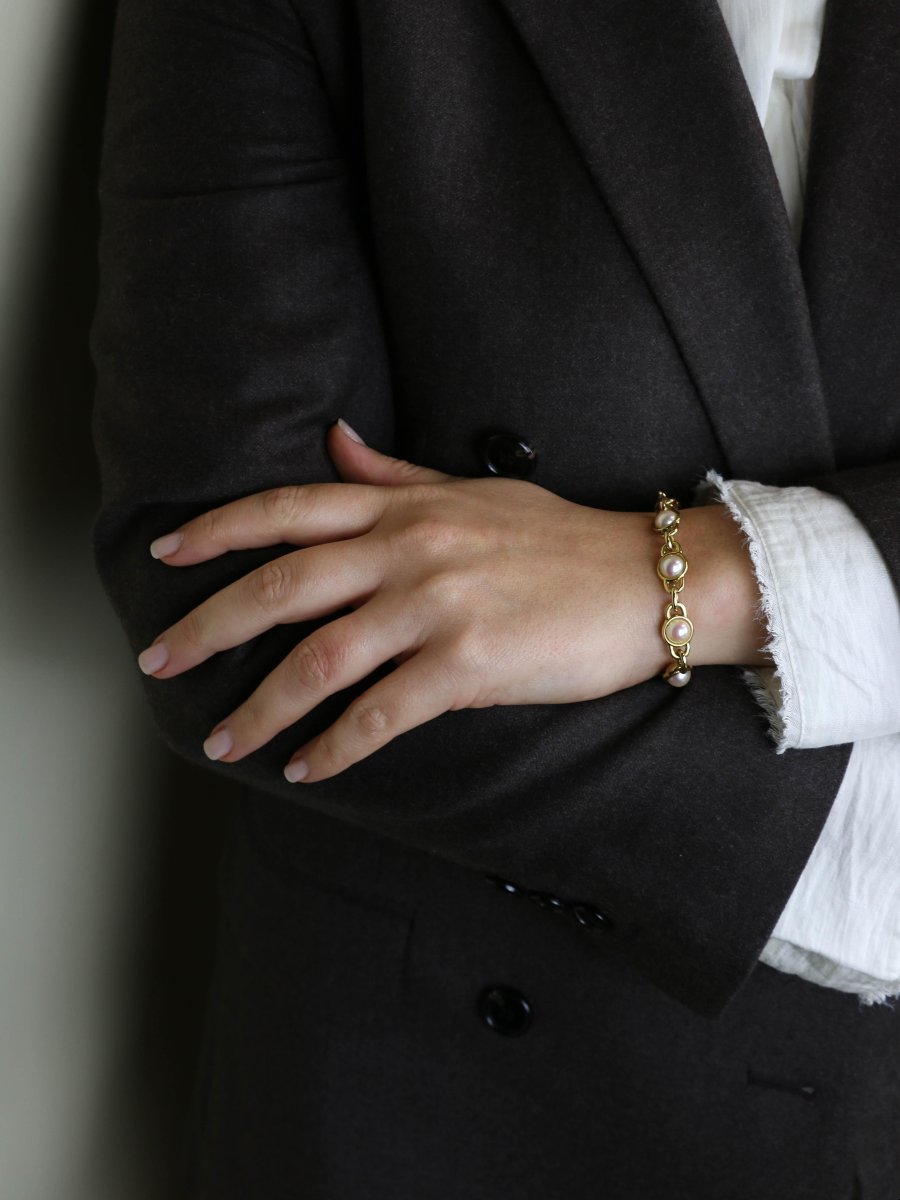 Vintage Yellow Gold Akoya Pearl Chain Bracelet-photo-5