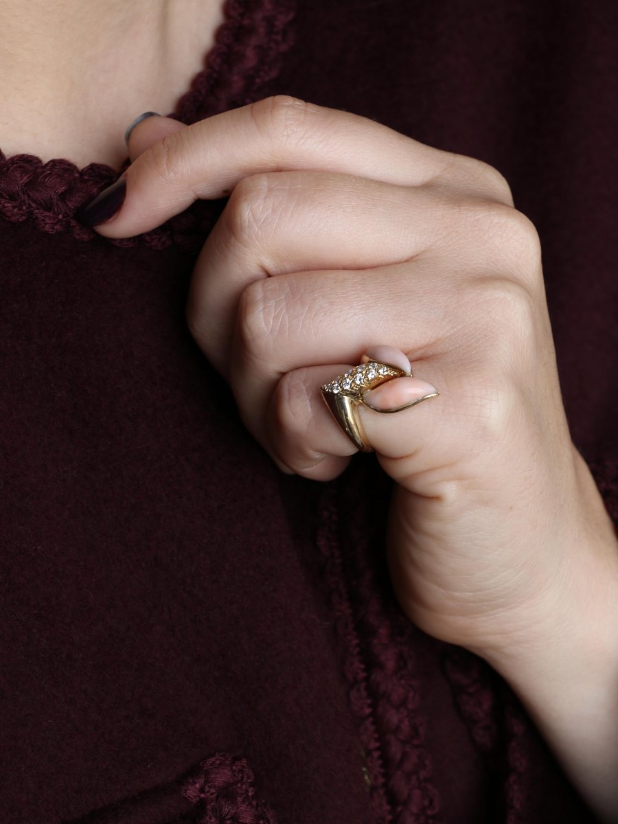 Bague or jaune corail peau d'ange diamants-photo-2