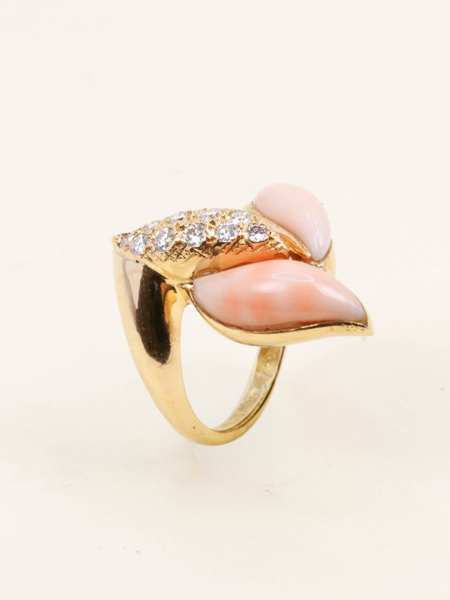Bague or jaune corail peau d'ange diamants-photo-3