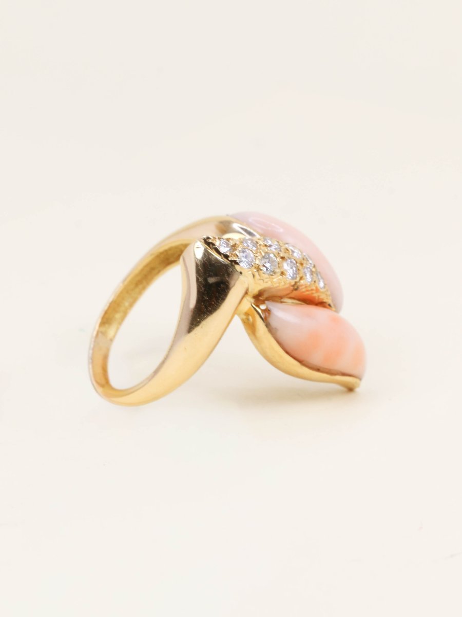 Bague or jaune corail peau d'ange diamants-photo-4