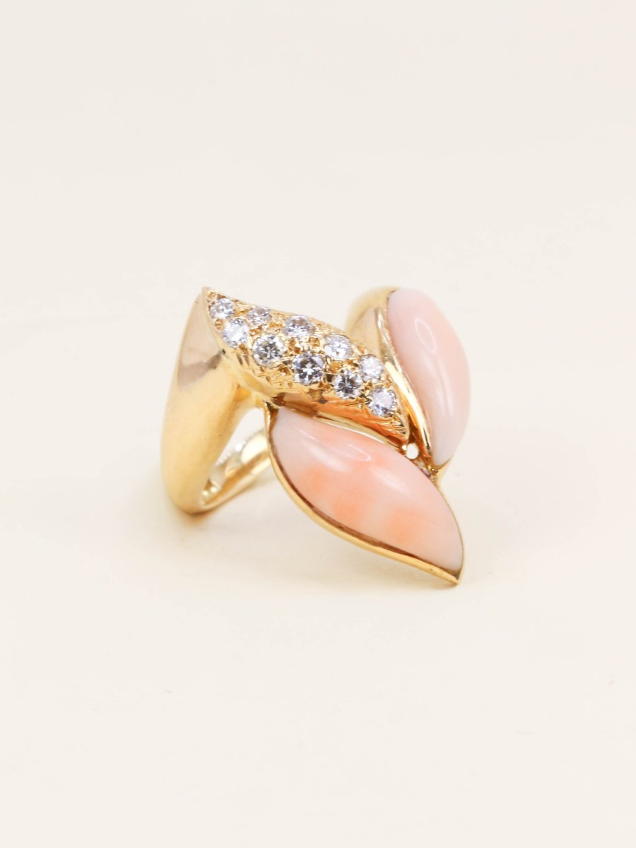 Bague or jaune corail peau d'ange diamants-photo-5