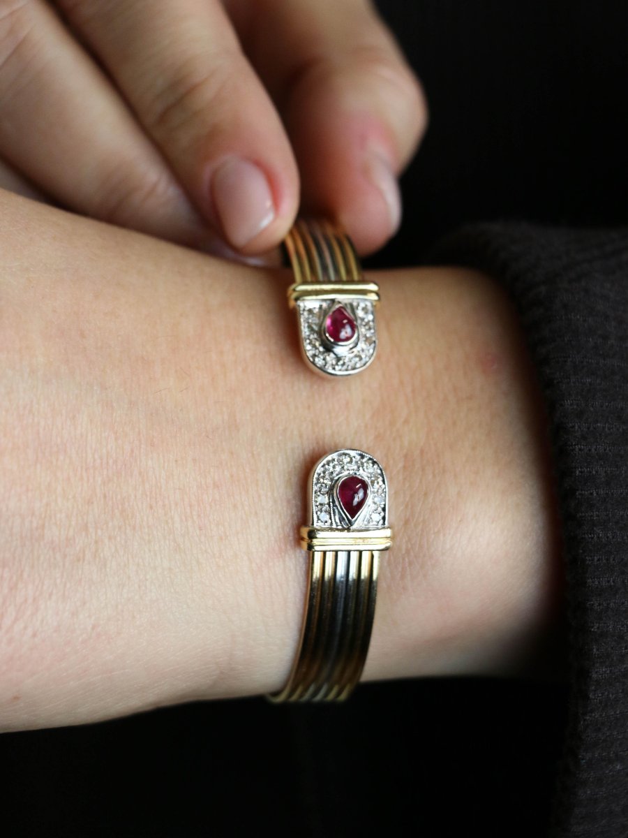 Bracelet jonc ouvert 3 ors rubis diamants-photo-2