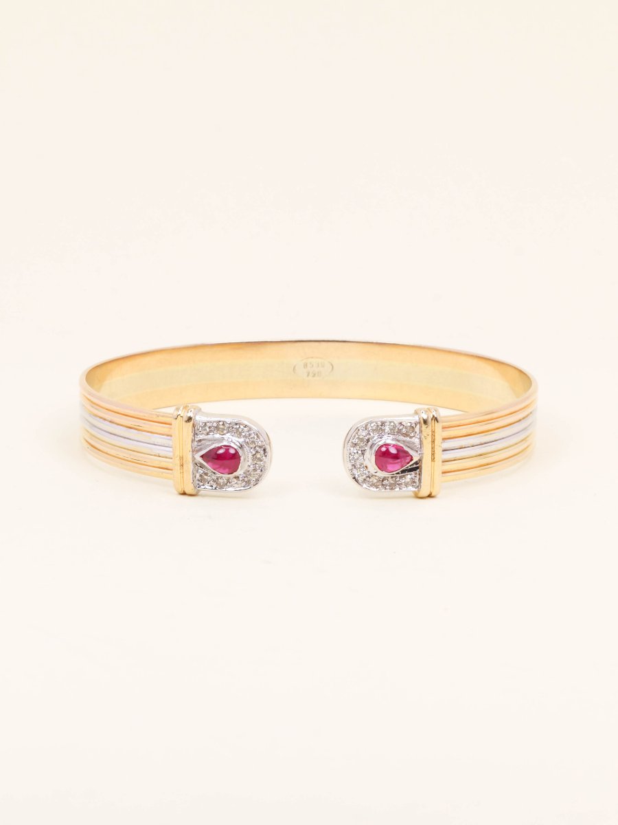 Bracelet jonc ouvert 3 ors rubis diamants-photo-3