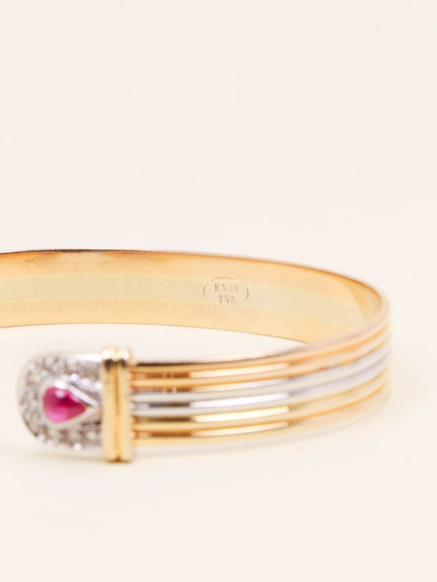 Bracelet jonc ouvert 3 ors rubis diamants-photo-5