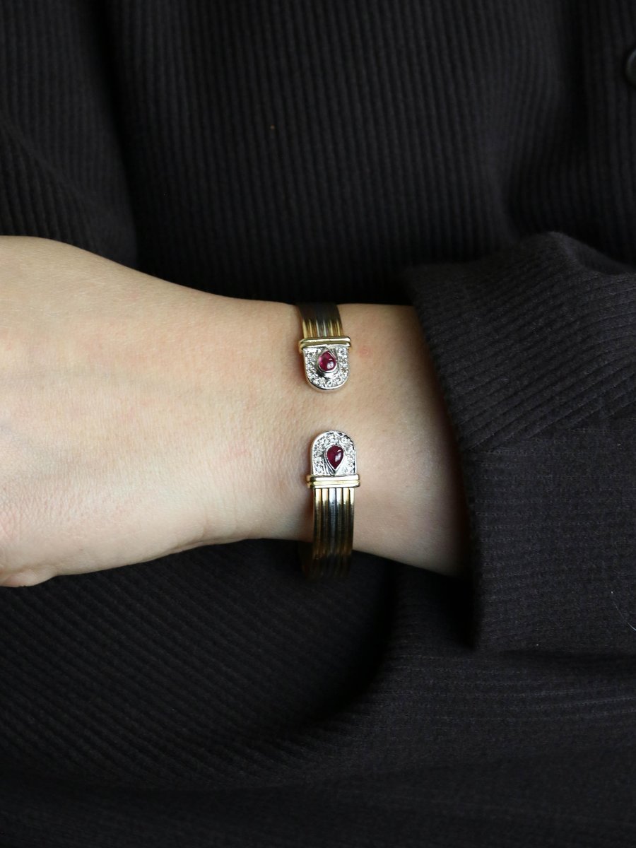 Bracelet jonc ouvert 3 ors rubis diamants-photo-6