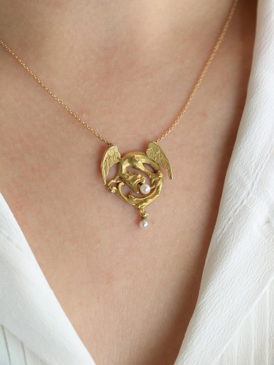 Collier Art Nouveau Chimère or jaune perles-photo-2