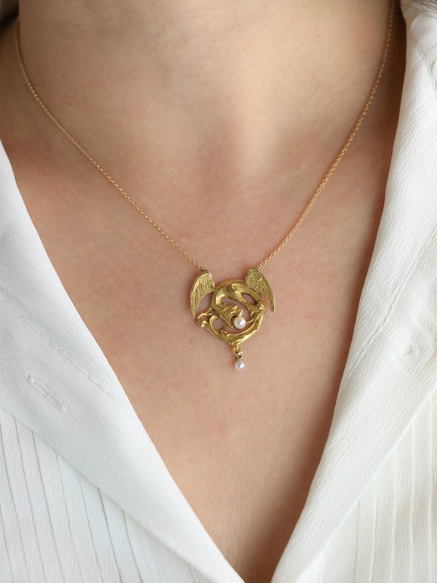 Collier Art Nouveau Chimère or jaune perles-photo-5