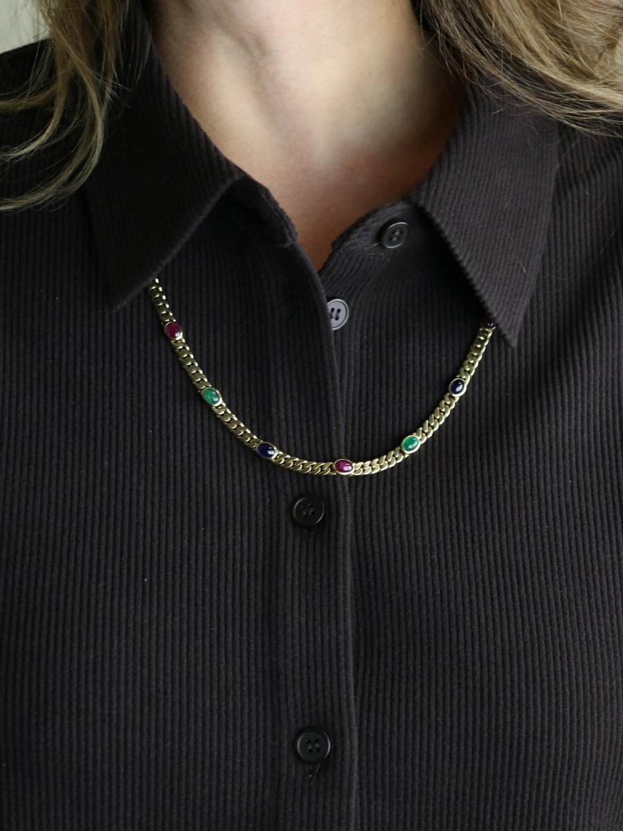Sautoir Maille Gourmette Chain Yellow Gold Sapphires Rubies Emeralds-photo-2
