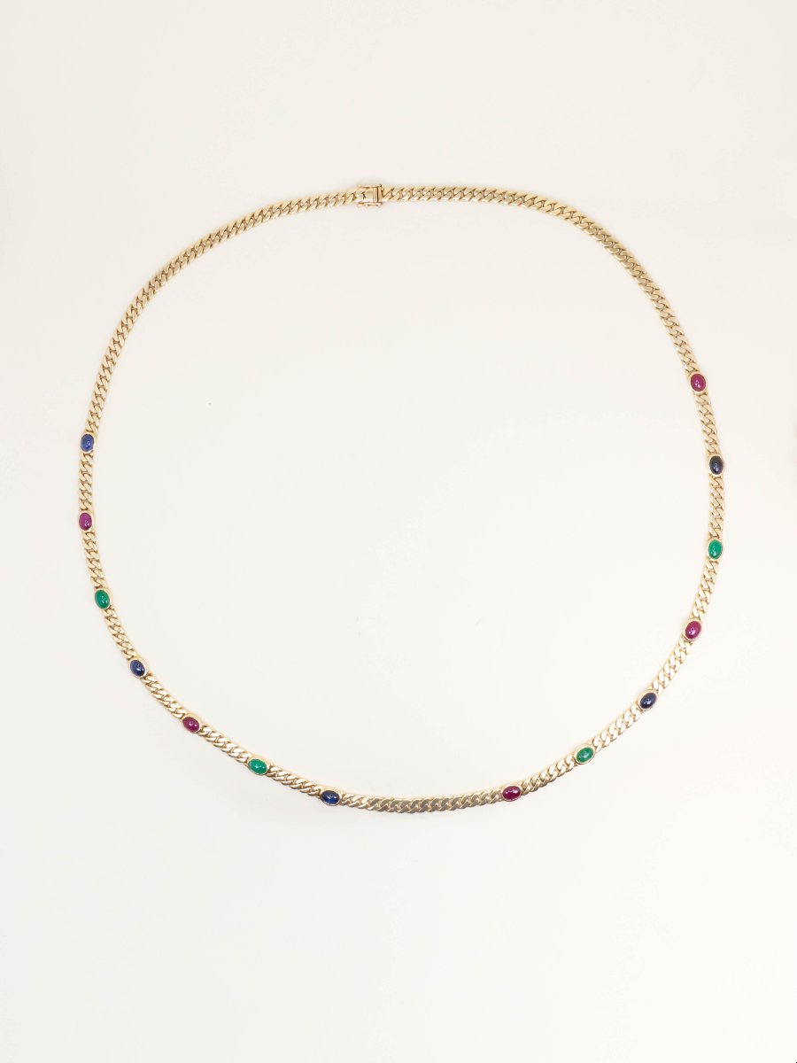 Sautoir Maille Gourmette Chain Yellow Gold Sapphires Rubies Emeralds-photo-3
