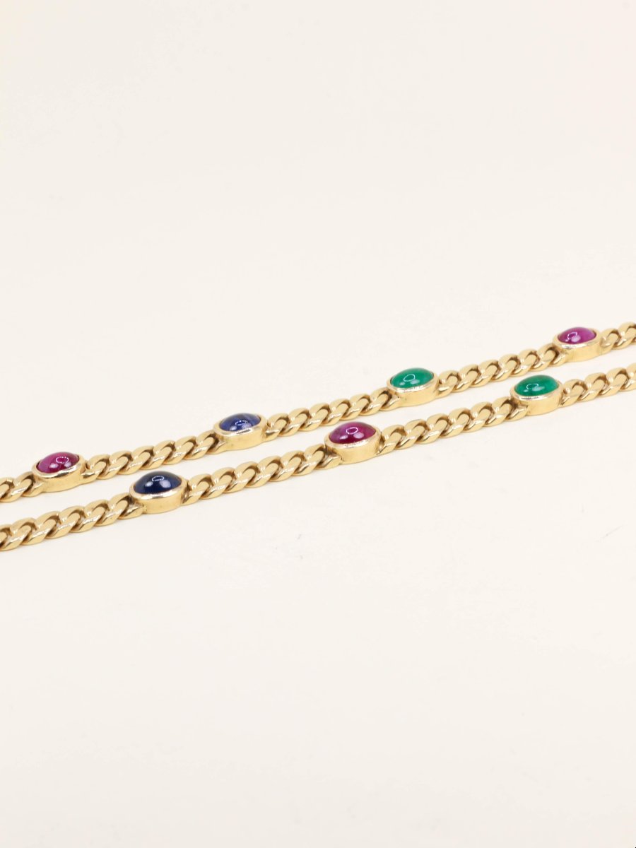 Sautoir Maille Gourmette Chain Yellow Gold Sapphires Rubies Emeralds-photo-4