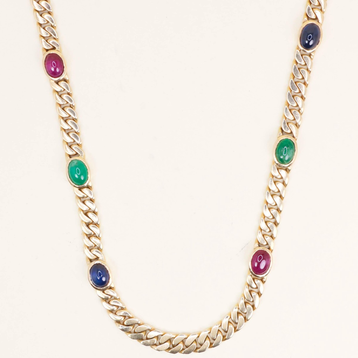 Sautoir Maille Gourmette Chain Yellow Gold Sapphires Rubies Emeralds