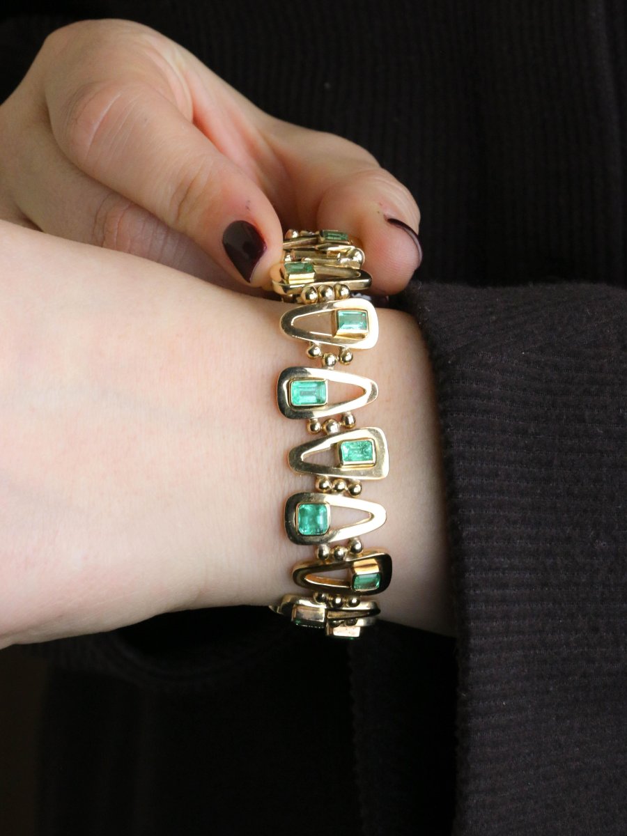 Bracelet vintage or jaune émeraudes 5,5 carats-photo-2