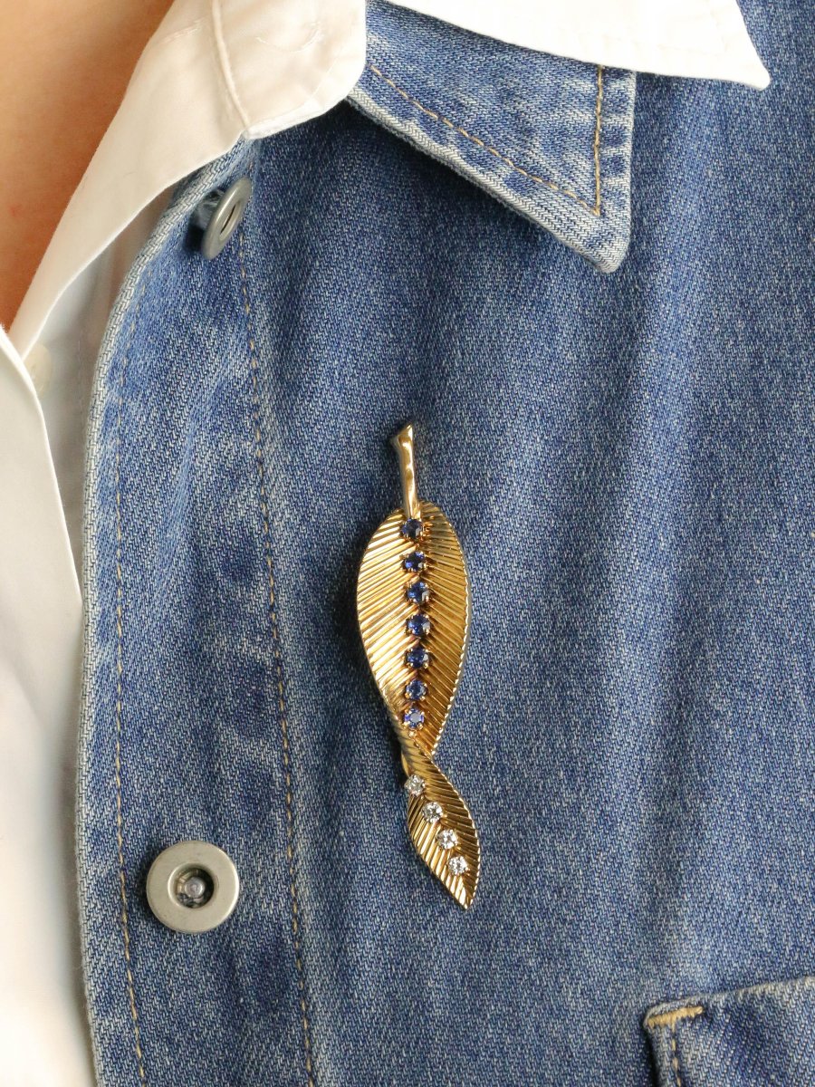Van Cleef & Arpels Brooch Clip Leaf Yellow Gold Sapphires Diamonds - 1959-photo-2