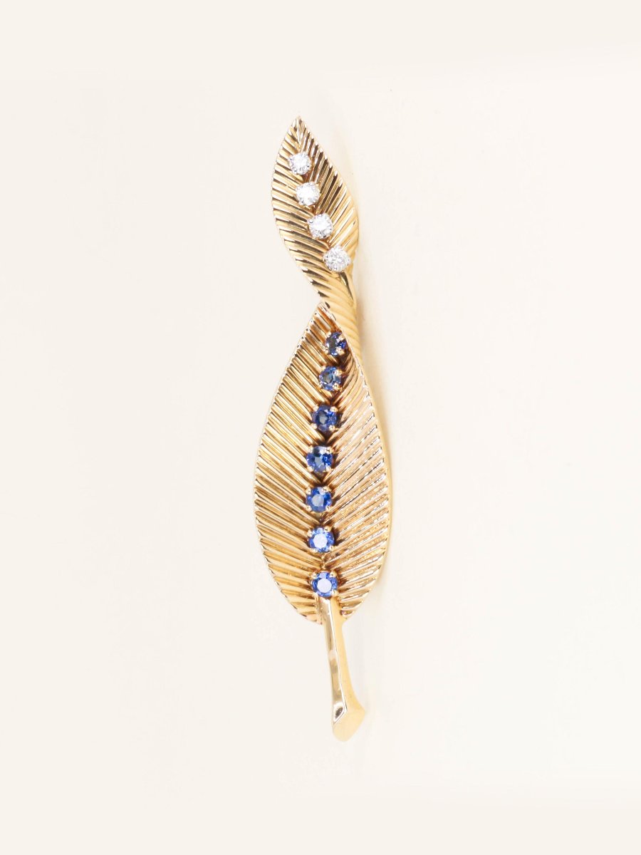 Van Cleef & Arpels Brooch Clip Leaf Yellow Gold Sapphires Diamonds - 1959-photo-3
