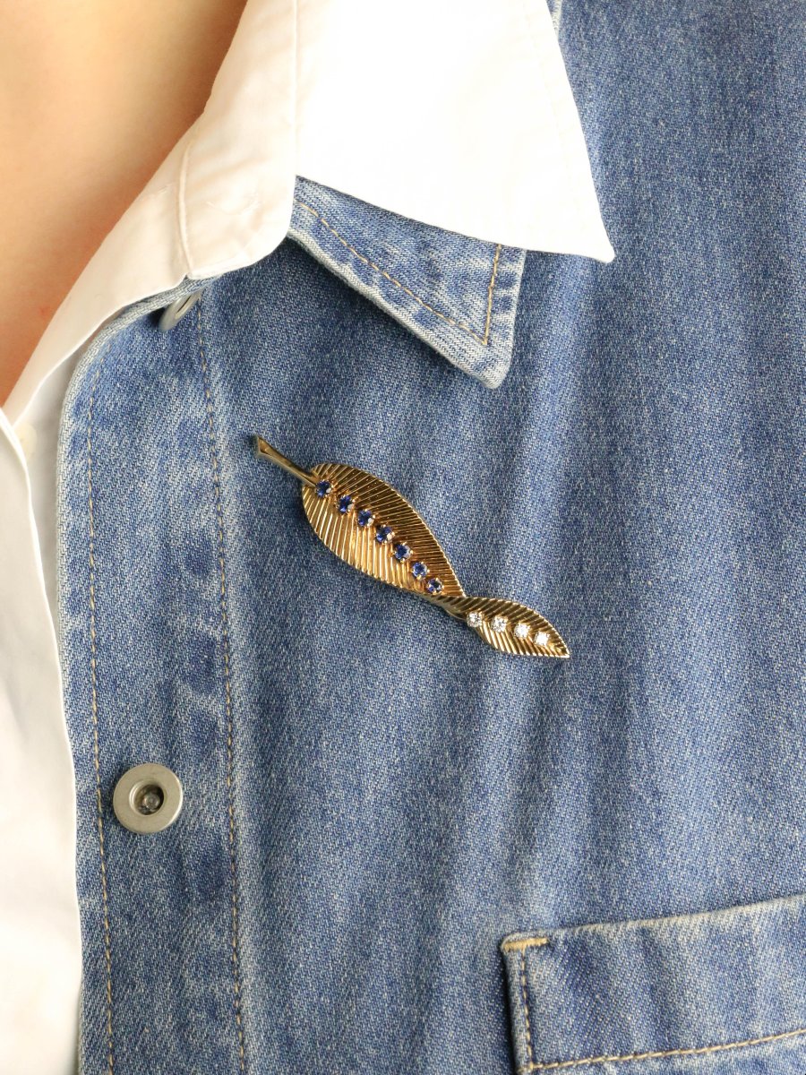 Van Cleef & Arpels Brooch Clip Leaf Yellow Gold Sapphires Diamonds - 1959-photo-6