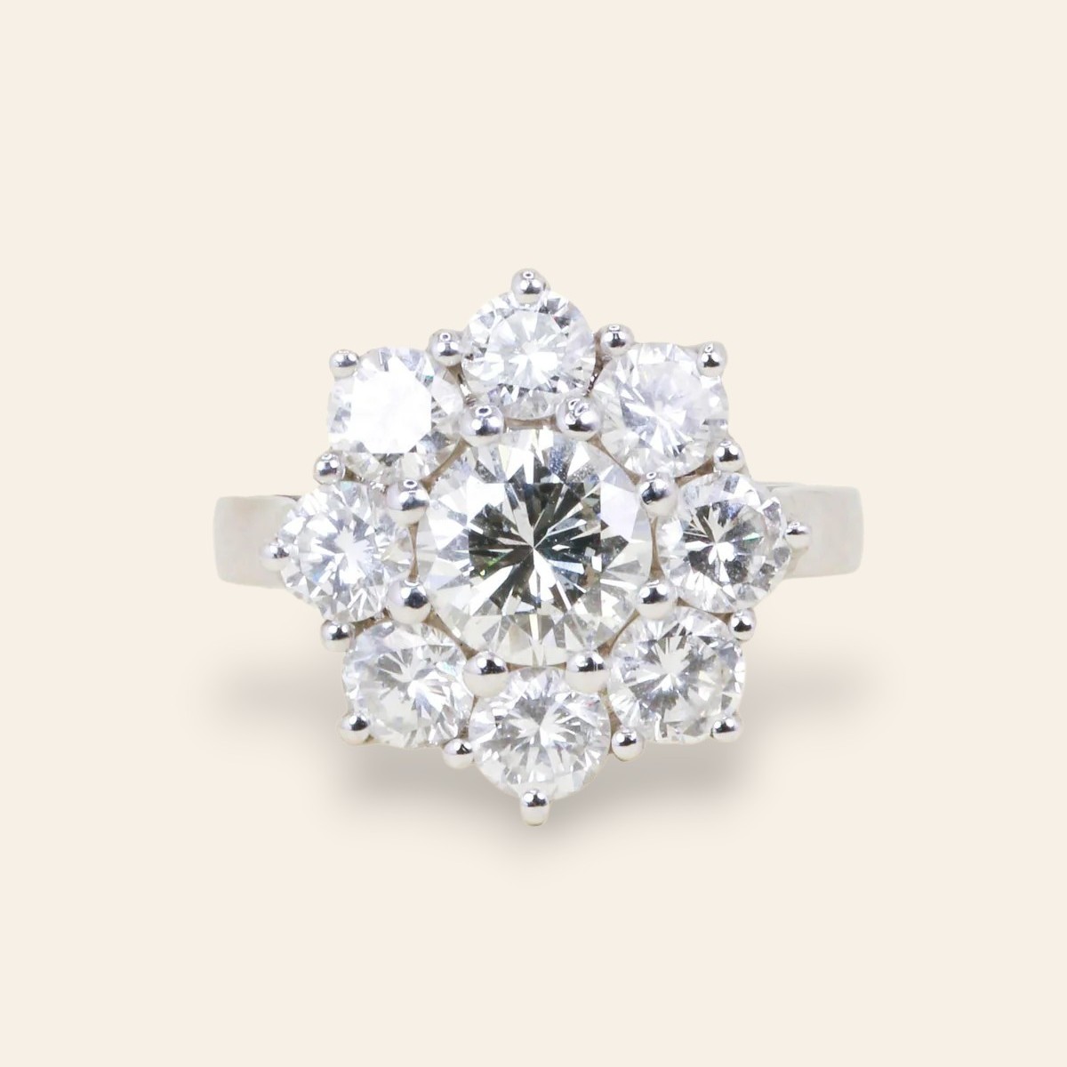 White Gold Daisy Ring, Diamonds 3.90 Carats