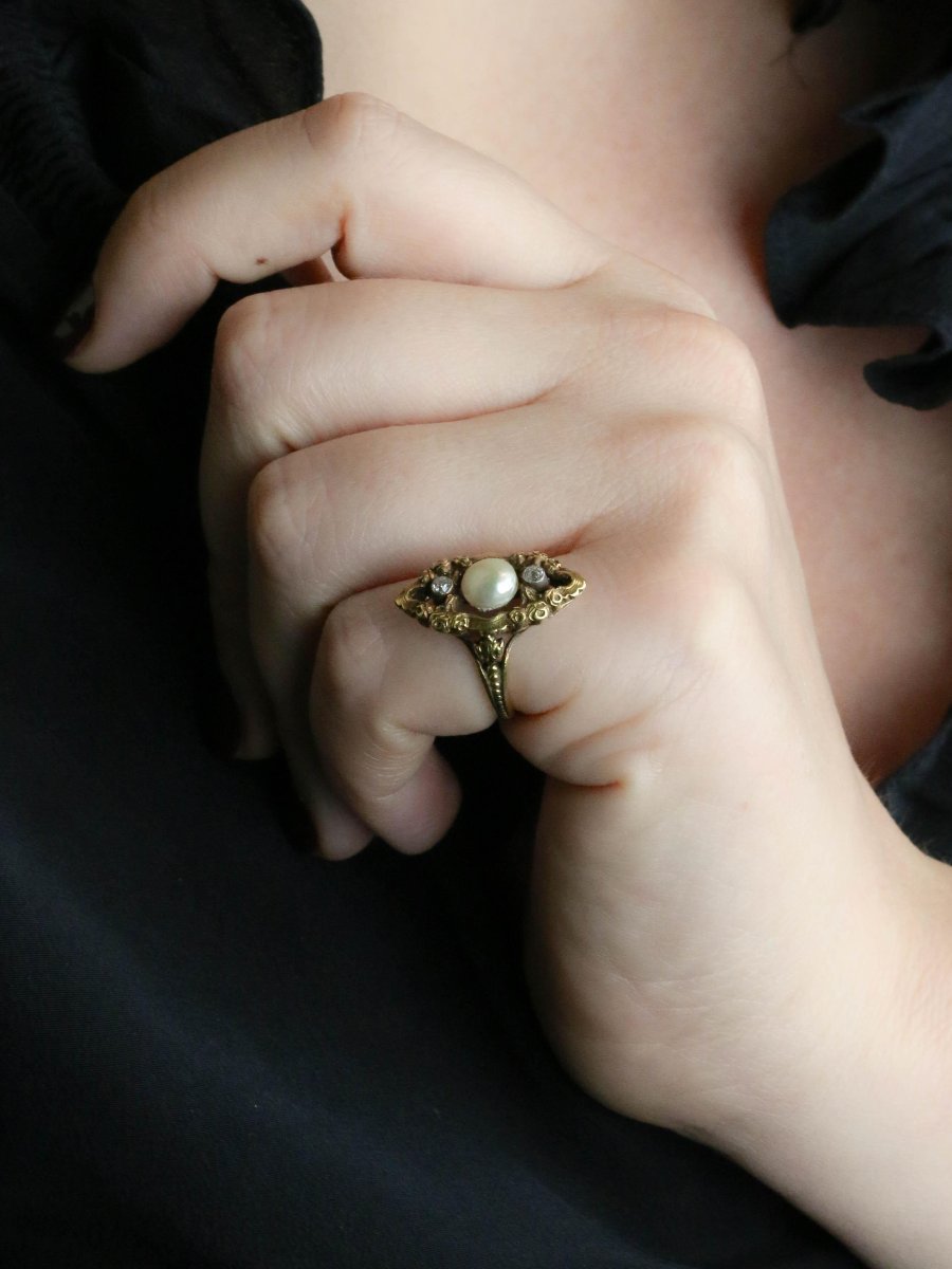 Bague marquise Art Nouveau or jaune perle fine diamants-photo-2
