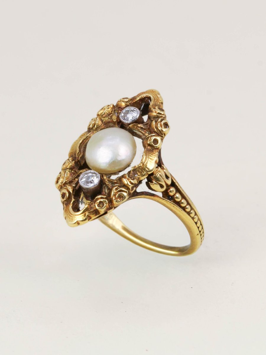 Bague marquise Art Nouveau or jaune perle fine diamants-photo-3