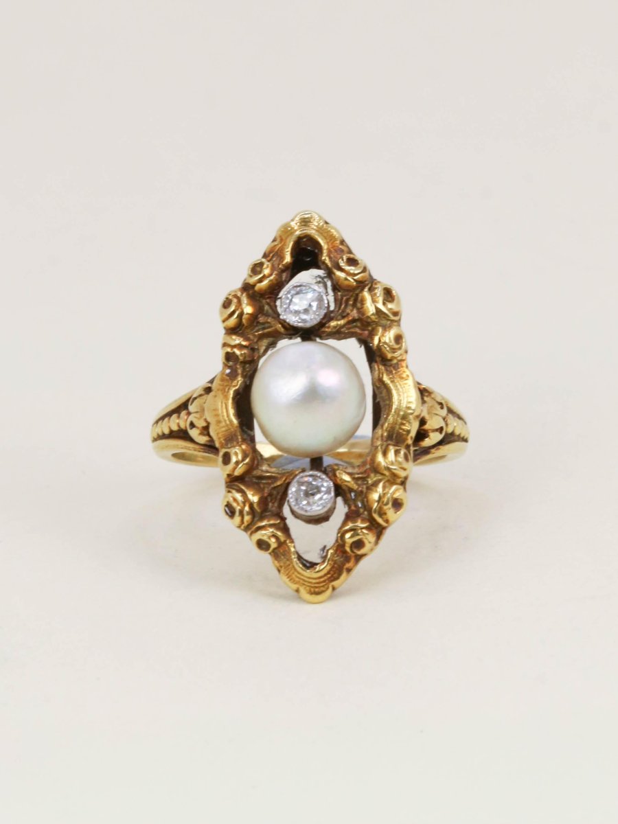 Bague marquise Art Nouveau or jaune perle fine diamants-photo-4