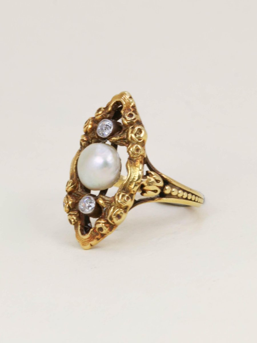 Bague marquise Art Nouveau or jaune perle fine diamants-photo-1