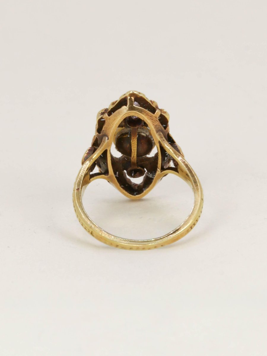 Bague marquise Art Nouveau or jaune perle fine diamants-photo-3
