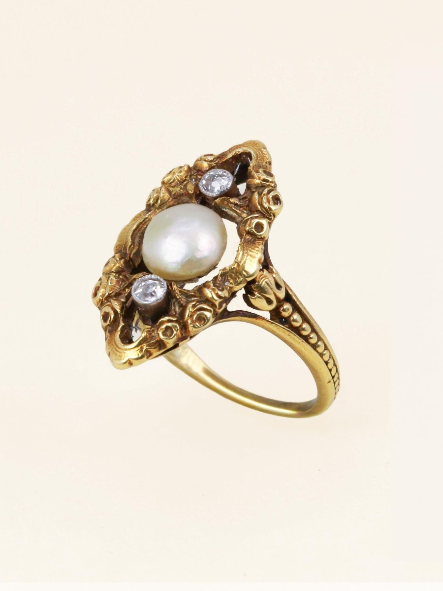 Bague marquise Art Nouveau or jaune perle fine diamants-photo-6