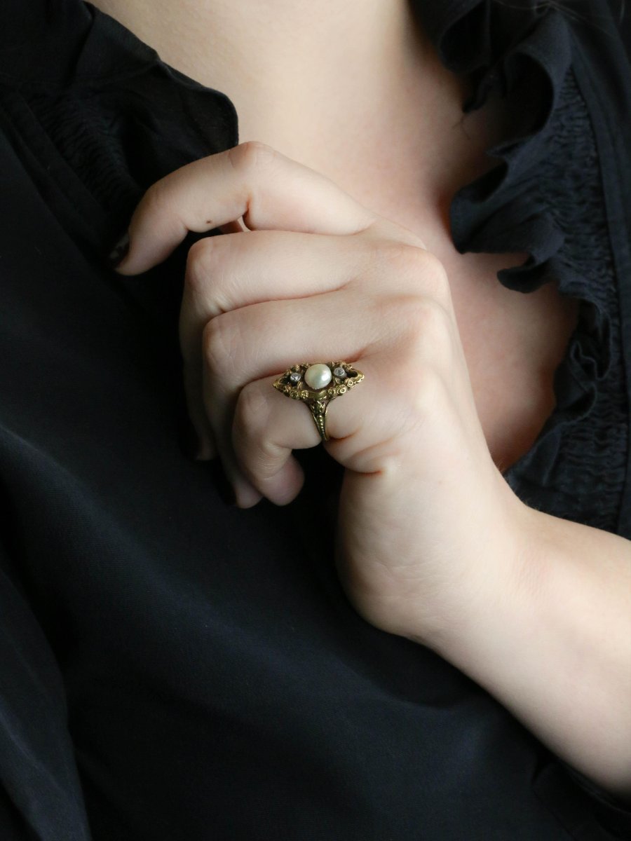 Bague marquise Art Nouveau or jaune perle fine diamants-photo-7