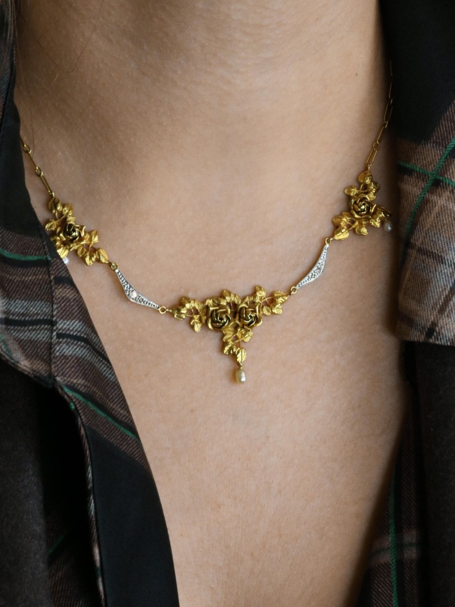 Necklace Art Nouveau Drapery Yellow Gold Diamond Beads-photo-2