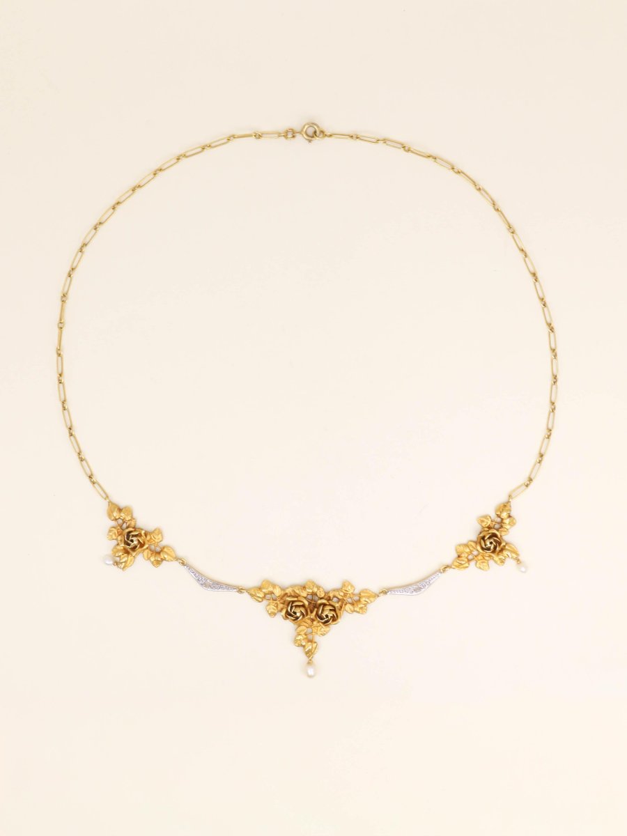 Necklace Art Nouveau Drapery Yellow Gold Diamond Beads-photo-3