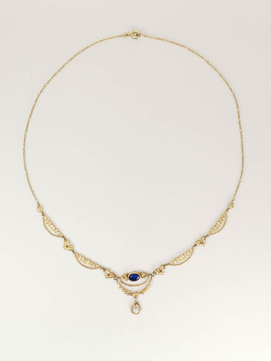 Art Nouveau Yellow Gold Sapphire Pearl Drapery Necklace-photo-3