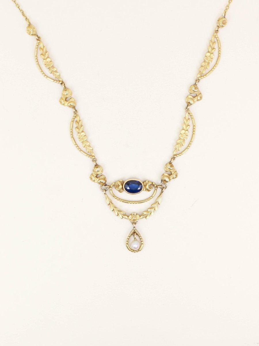 Art Nouveau Yellow Gold Sapphire Pearl Drapery Necklace-photo-4